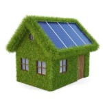 Een groen huis bedekt met gras, met zonnepanelen op het dak. Voorbeeld van groene investeringen.